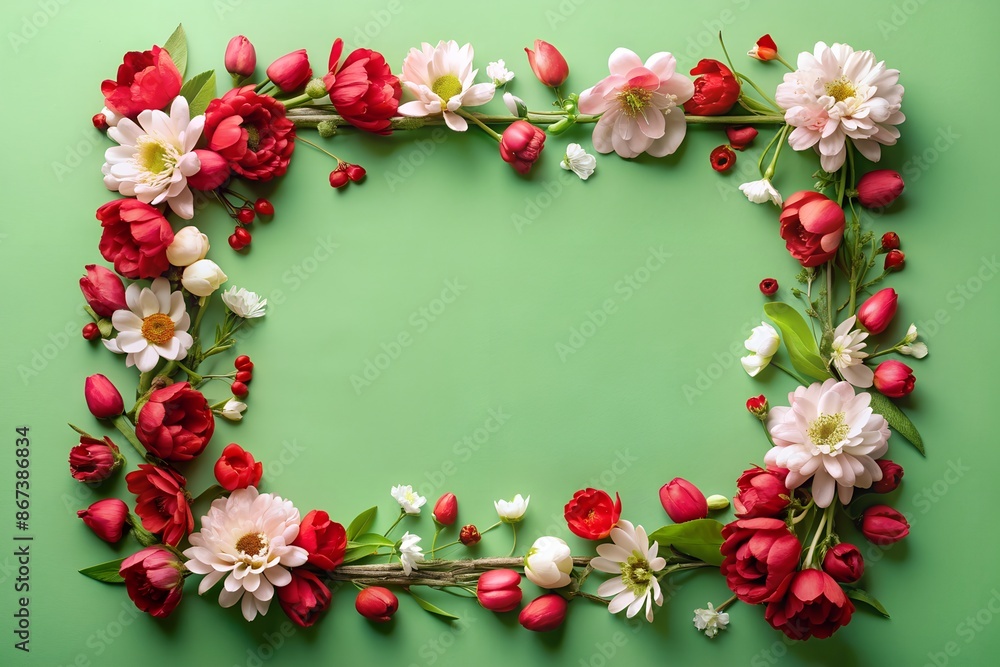 A frame made of red and white flowers on a green background A frame made of red and white flowers on a green background