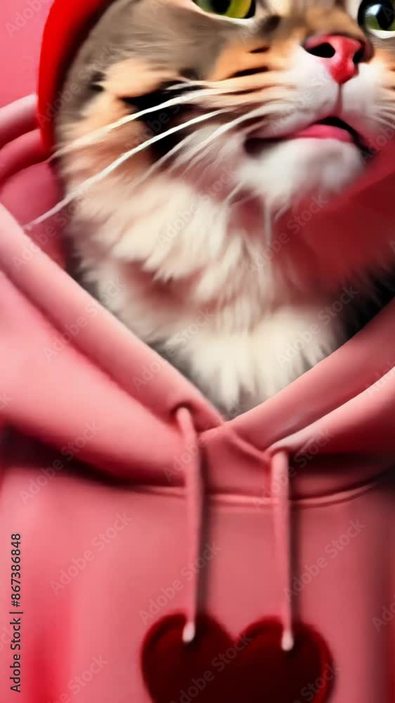 a fashionable cat in a red hat with a heart looks at the camera, moves forward and meows. vertical video a fashionable cat in a red hat with a heart looks at the camera, moves forward and meows. vertical video