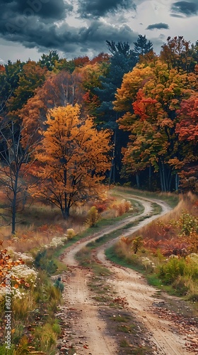 Autumn country landscape scene with colorful trees and an off-road trail winding through nature