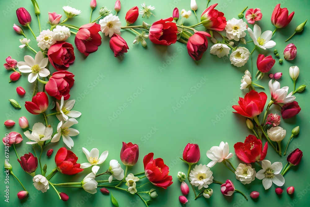 A frame made of red and white flowers on a green background A frame made of red and white flowers on a green background