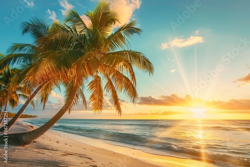 A serene beach scene with palm trees silhouetted against a vivid sunset sky, showcasing the beauty of nature