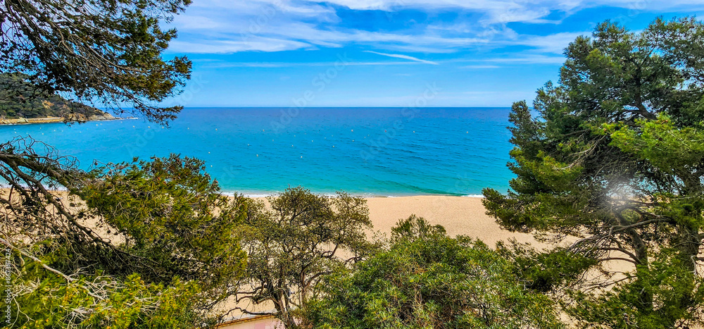 View of the sea from a mountain from a pine forest. Sky with clouds, turquoise water and sandy beach. Clear sunny day. View of the sea from a mountain from a pine forest. Sky with clouds, turquoise water and sandy beach. Clear sunny day.