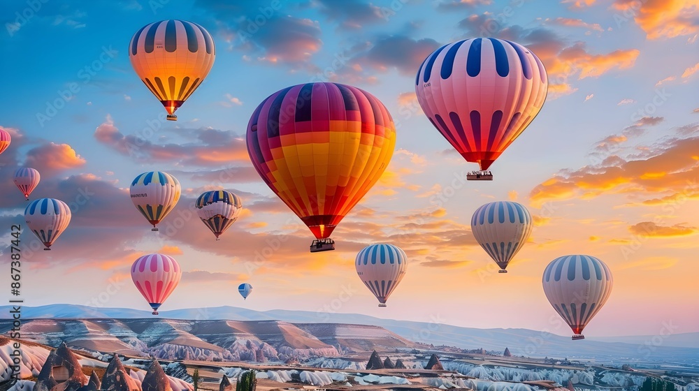 Fototapeta premium vibrant hot-air balloons hovering in the sky on sunrise, Cappadocia, Turkey