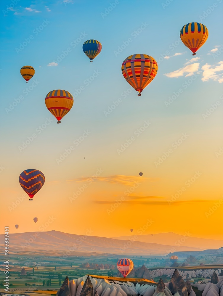 Fototapeta premium vibrant hot-air balloons hovering in the sky on sunrise, Cappadocia, Turkey