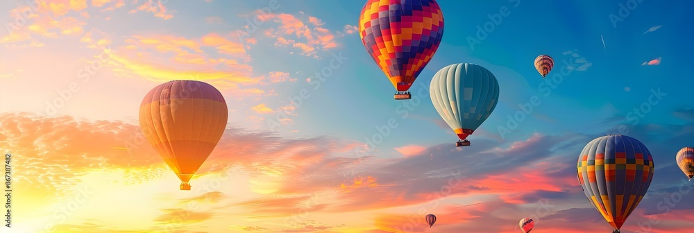 Fototapeta premium vibrant hot-air balloons hovering in the sky on sunrise, Cappadocia, Turkey
