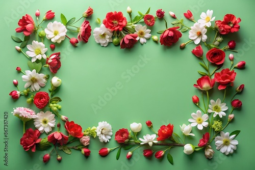 A frame made of red and white flowers on a green background © Aljona