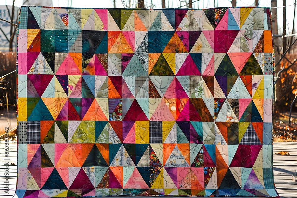 A quilt of jewel-toned triangles sparkling like precious gems A quilt of jewel-toned triangles sparkling like precious gems