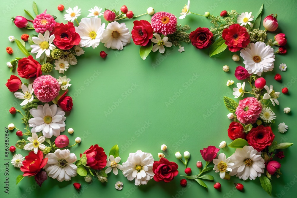 A frame made of red and white flowers on a green background A frame made of red and white flowers on a green background