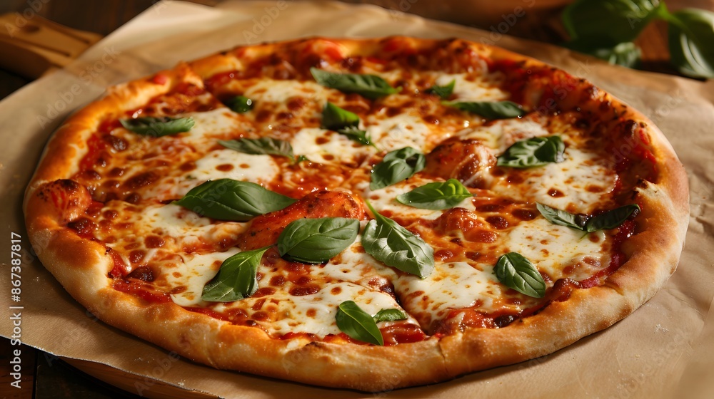 Margherita Pizza: A crispy, thin crust topped with vibrant red tomato sauce, melted mozzarella cheese, and fresh basil leaves. Margherita Pizza: A crispy, thin crust topped with vibrant red tomato sauce, melted mozzarella cheese, and fresh basil leaves.