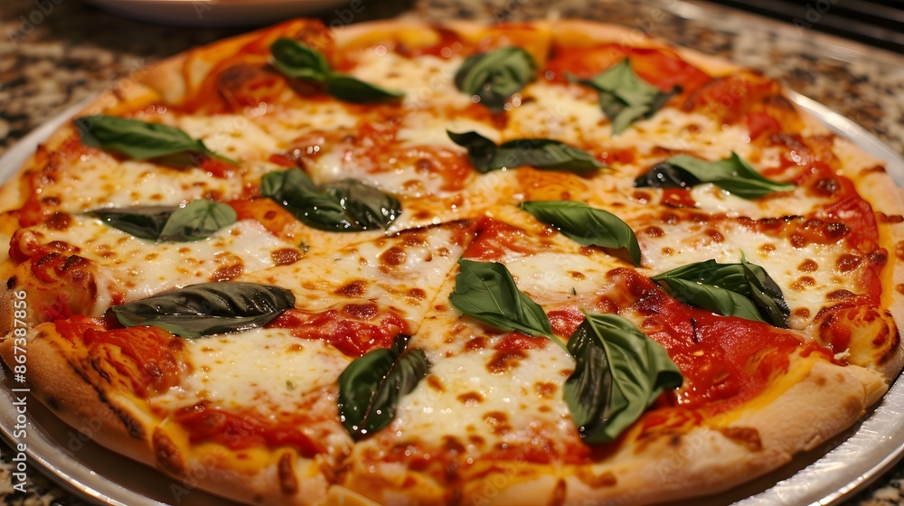 Margherita Pizza: A crispy, thin crust topped with vibrant red tomato sauce, melted mozzarella cheese, and fresh basil leaves. Margherita Pizza: A crispy, thin crust topped with vibrant red tomato sauce, melted mozzarella cheese, and fresh basil leaves.