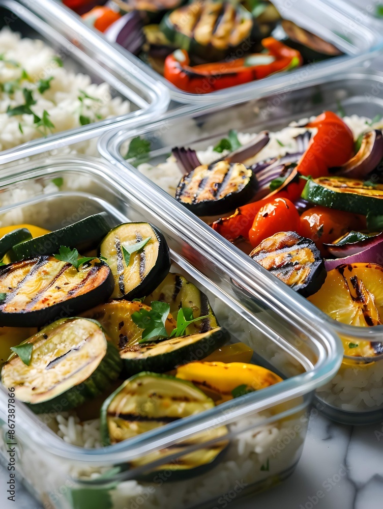 view of meal prep containers filled with rice and grilled vegetables view of meal prep containers filled with rice and grilled vegetables