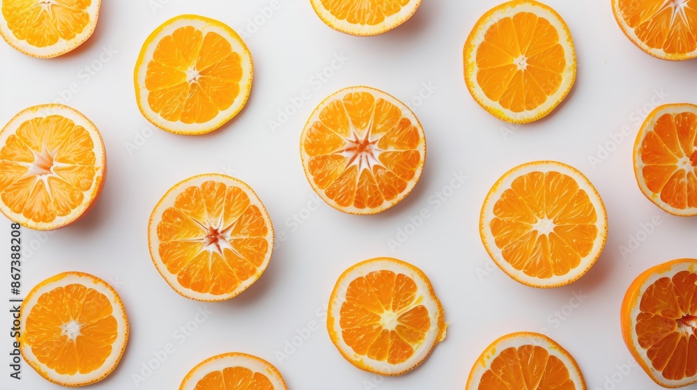 Sweet mandarin slices on a white backdrop Sweet mandarin slices on a white backdrop