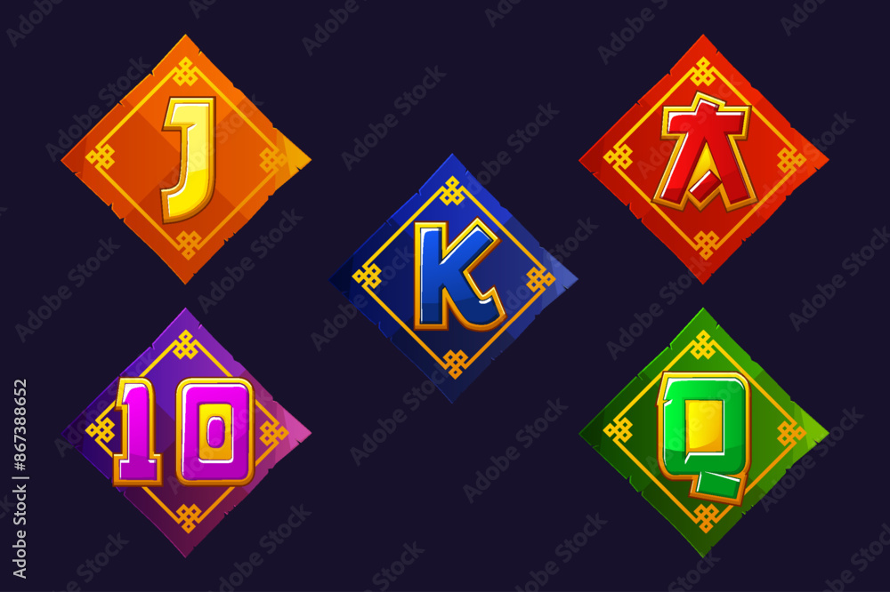 Set of Slot Symbols - Ace, Queen, King, 10, Jack on Colored papers. Chinese Style Icons for 2D Games and Casino or Slots. Set of Slot Symbols - Ace, Queen, King, 10, Jack on Colored papers. Chinese Style Icons for 2D Games and Casino or Slots.
