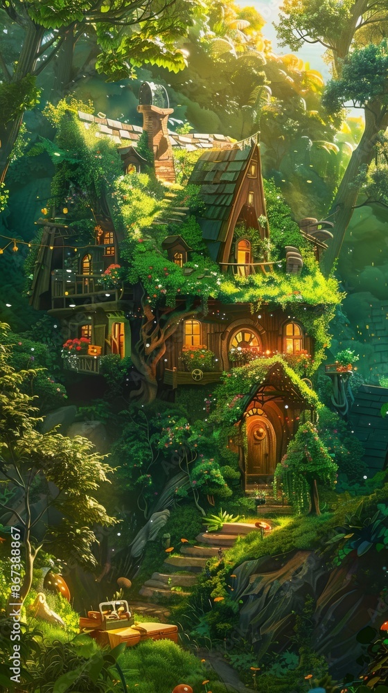 Fototapeta premium Sun shining on a charming fairy house nestled amidst a vibrant green forest, with glowing windows, a welcoming door, and a magical atmosphere