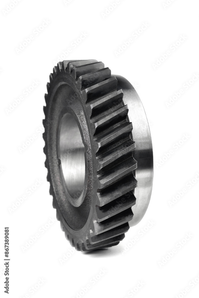 A car gearbox gear, a track transmission gear, a mechanism gear with a beveled engagement tooth. White background, selective focus A car gearbox gear, a track transmission gear, a mechanism gear with a beveled engagement tooth. White background, selective focus