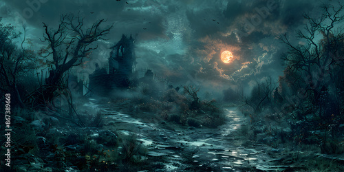 Gruseliger Halloweenhintergrund bei Nacht, made by AI