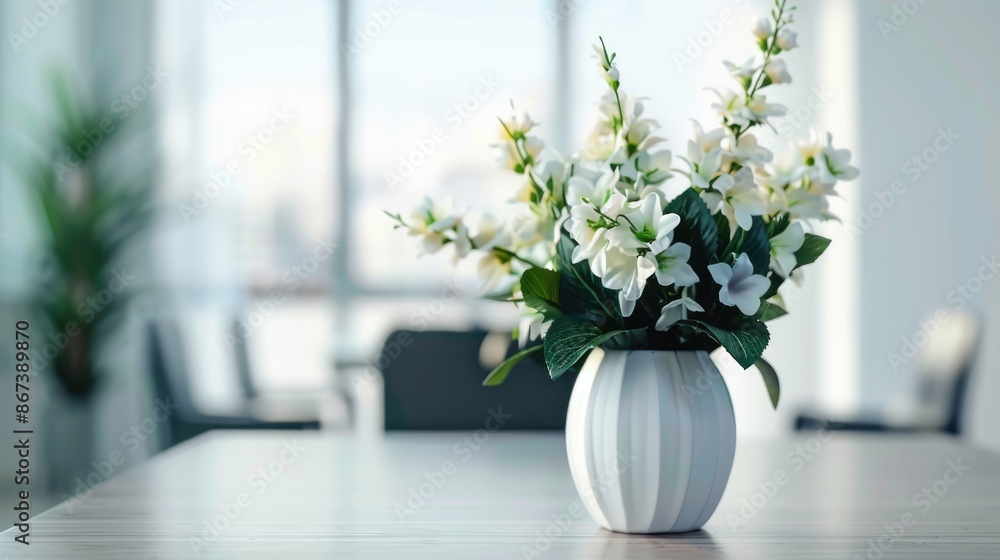 Artificial plastic flower bouquet in vase on office table Modern interior with fake plants Artificial plastic flower bouquet in vase on office table Modern interior with fake plants