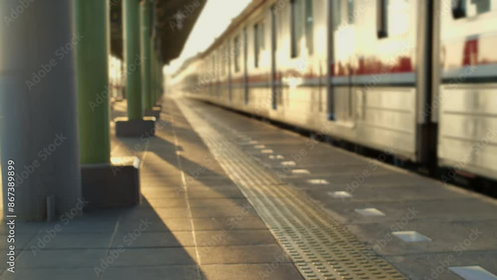 Blur scene of a commuterline electric train in the morning leaving the station, yellowish sunlight Blur scene of a commuterline electric train in the morning leaving the station, yellowish sunlight