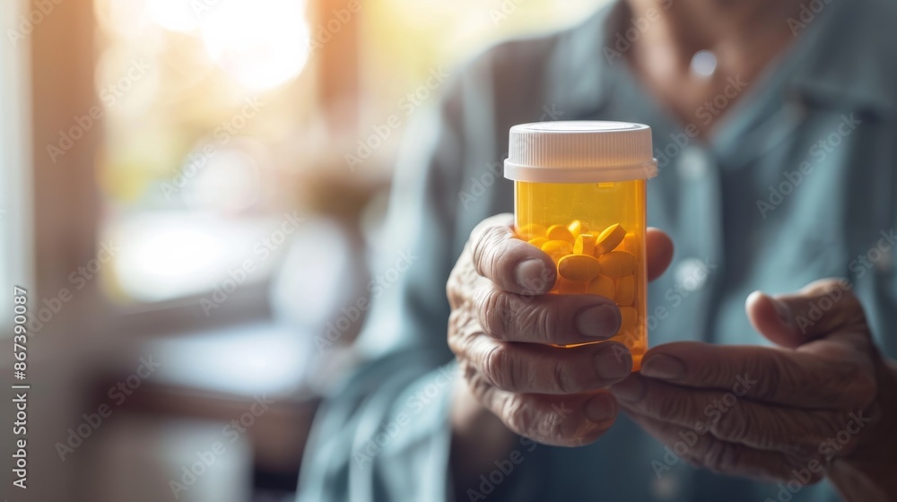 A close-up image of a person holding a prescription bottle containing yellow pills. A close-up image of a person holding a prescription bottle containing yellow pills.