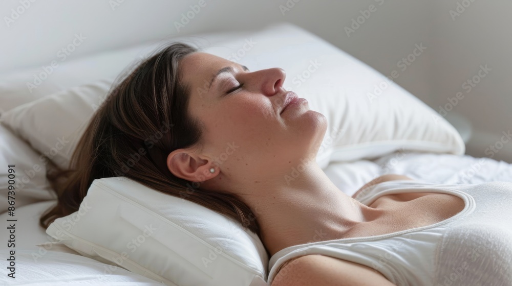 Fototapeta premium A woman sleeps comfortably with her head elevated on a wedge pillow.