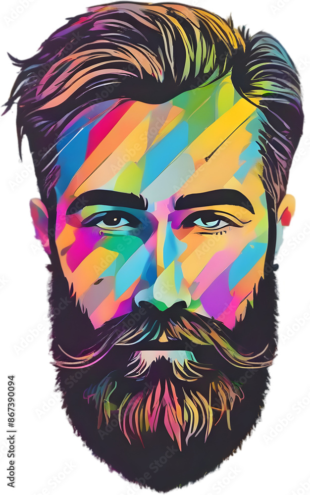 Rainbow-hued full beard adorns man's expressive face. Rainbow-hued full beard adorns man's expressive face.
