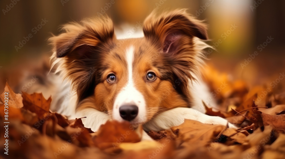 Sweet brown collie dog in autumn season, lying down in leafs, relaxing, a cute puppy eyes, generative ai Sweet brown collie dog in autumn season, lying down in leafs, relaxing, a cute puppy eyes, generative ai