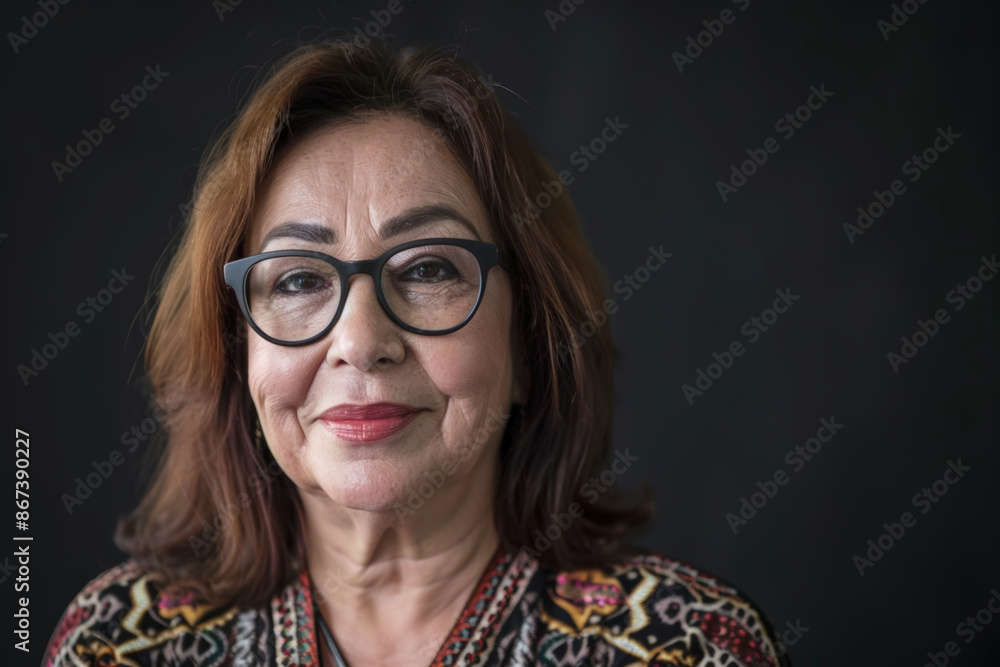 Close-up portrait of a senior woman of Middle Eastern descent, studio photo, against a sleek gray studio backdrop Close-up portrait of a senior woman of Middle Eastern descent, studio photo, against a sleek gray studio backdrop
