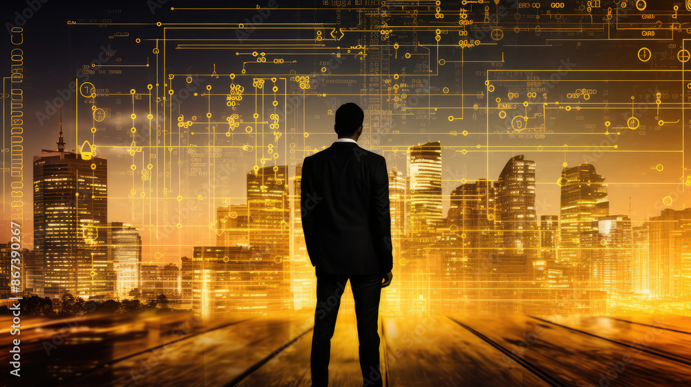 Businessman standing overlay with source code and programmer image and copy space. The concept of programming, cyber security, business and internet of things., generative ai Businessman standing overlay with source code and programmer image and copy space. The concept of programming, cyber security, business and internet of things., generative ai
