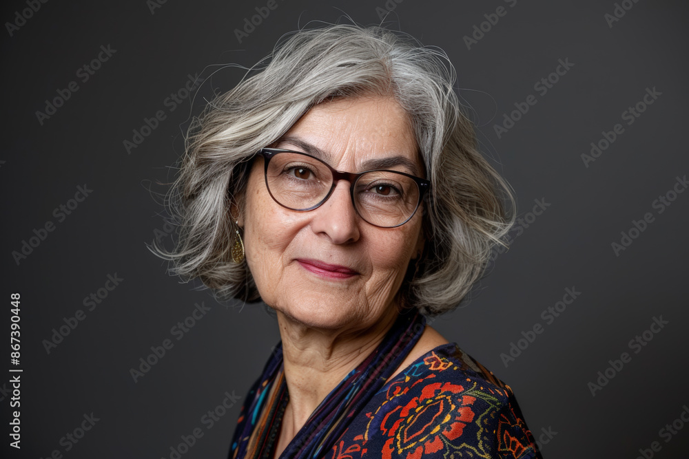 Close-up portrait of a senior woman of Middle Eastern descent, studio photo, against a sleek gray studio backdrop Close-up portrait of a senior woman of Middle Eastern descent, studio photo, against a sleek gray studio backdrop