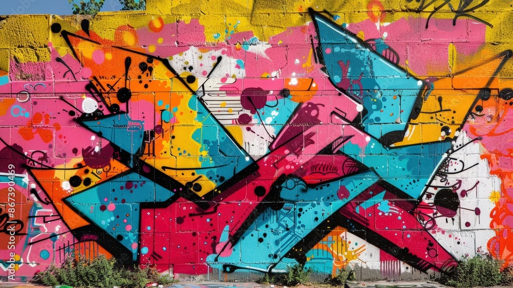 Vibrant Graffiti Art on a Brick Wall, Displaying Bold Colors and Abstract Patterns Vibrant Graffiti Art on a Brick Wall, Displaying Bold Colors and Abstract Patterns