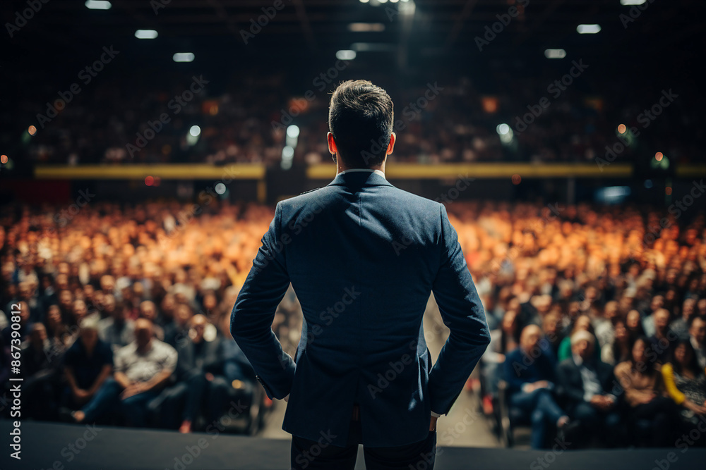 Generative AI illustration motivational speaker with microphone in hand in front of audience at conference room Generative AI illustration motivational speaker with microphone in hand in front of audience at conference room