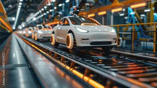 White Electric Car Moving Down Assembly Line In Factory