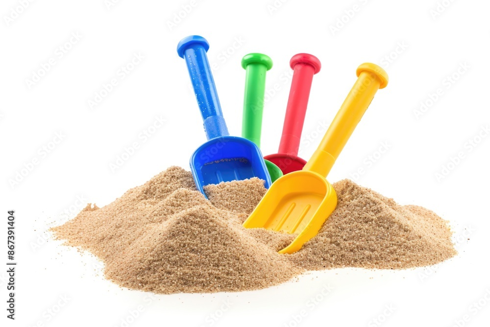 Three shovels and a scoop on a pile of sand, ideal for beach cleanup or construction projects Three shovels and a scoop on a pile of sand, ideal for beach cleanup or construction projects