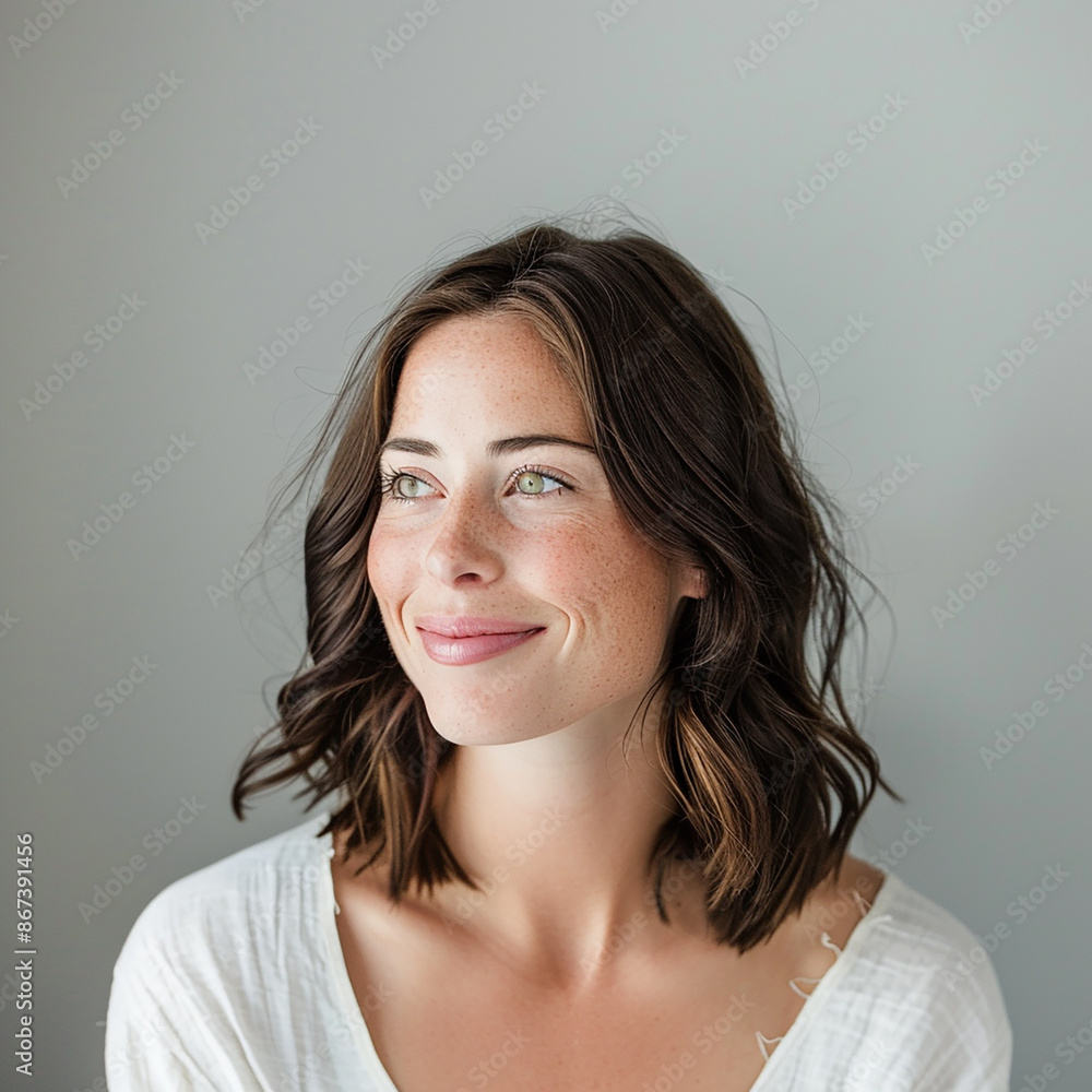 A young woman with short wavy hair smiling gently, looking away from the camera. The background is plain grey, providing copy space. A young woman with short wavy hair smiling gently, looking away from the camera. The background is plain grey, providing copy space.