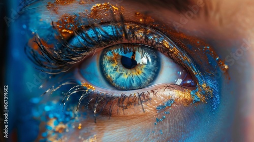 Captivating close-up of a woman's eye with blue and gold makeup, vibrant and artistic, perfect for elegant events. Trendy and eye-catching with shimmering glitter