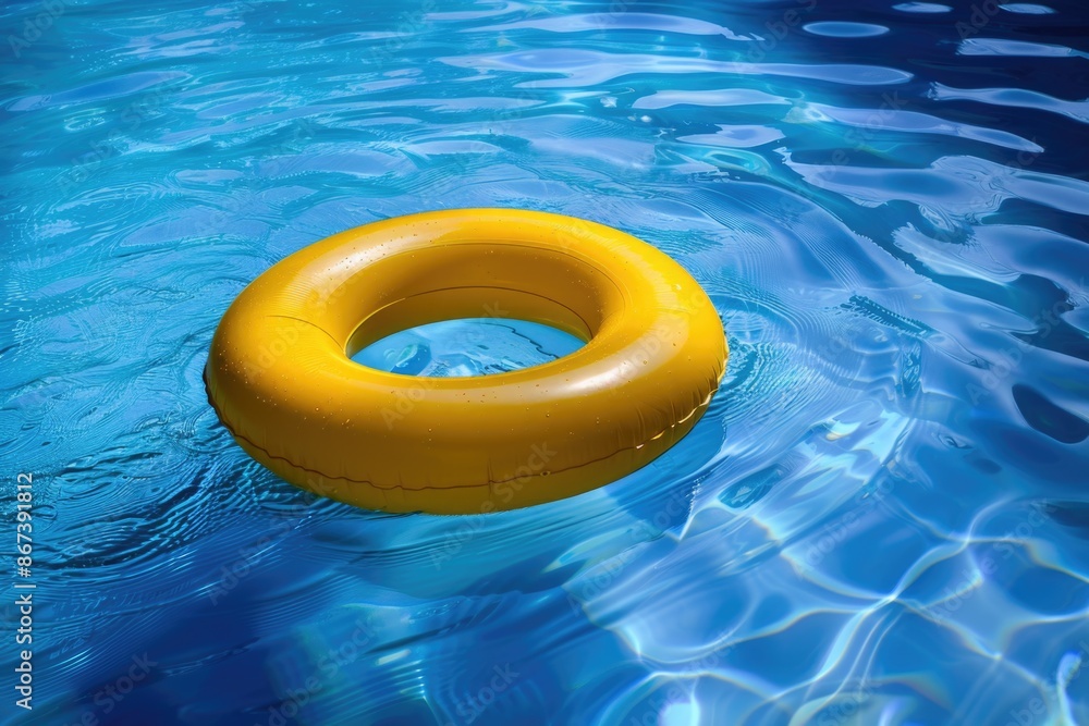 A yellow inflatable ring floats in a pool on a sunny day, perfect for summer fun or kids' playtime A yellow inflatable ring floats in a pool on a sunny day, perfect for summer fun or kids' playtime