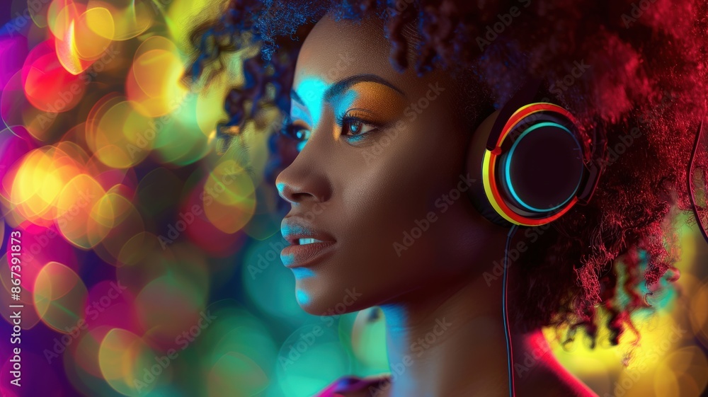Woman with Headphones in Colorful Bokeh Lights, Nightclub Party Vibes, Music Lover, Urban Style Woman with Headphones in Colorful Bokeh Lights, Nightclub Party Vibes, Music Lover, Urban Style