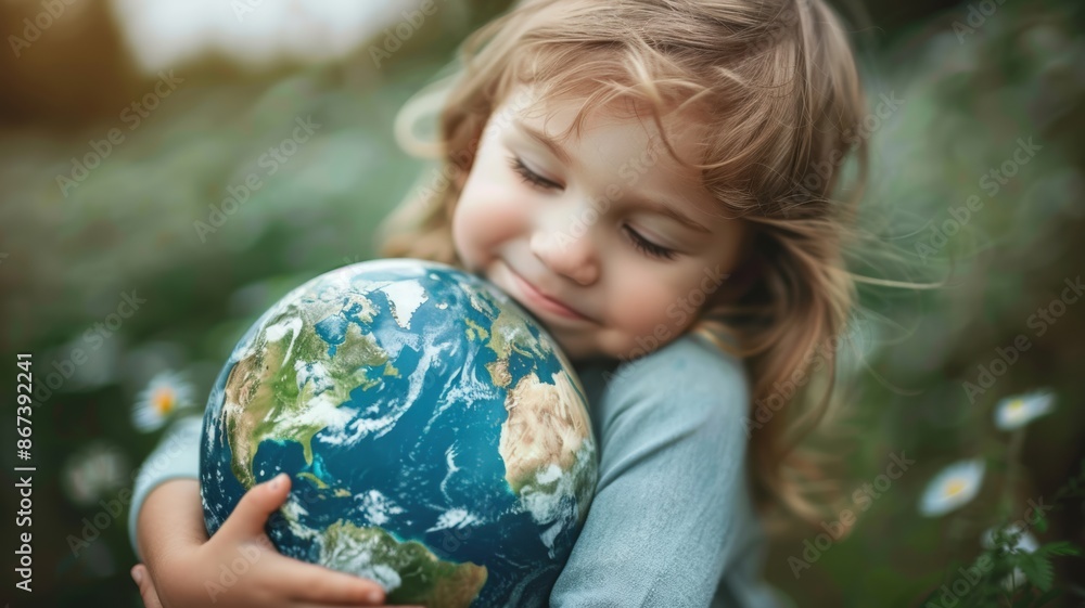 Young girl embracing a globe, symbolizing love and care for planet Earth, in a field of flowers, showcasing the beauty and importance of our world. Young girl embracing a globe, symbolizing love and care for planet Earth, in a field of flowers, showcasing the beauty and importance of our world.