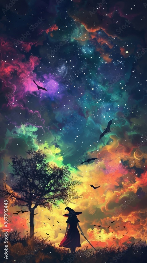 Mystical witch stands in a field under a starry sky, bats flying above. The surreal scene evokes magic and fantasy, perfect for halloween backgrounds Mystical witch stands in a field under a starry sky, bats flying above. The surreal scene evokes magic and fantasy, perfect for halloween backgrounds