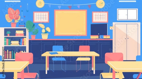 Back to school theme with simple vector graphic of a classroom, flat colors, clip art style