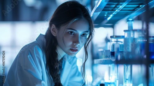 A young scientist working in a lab. Display her carrying out innovative research.