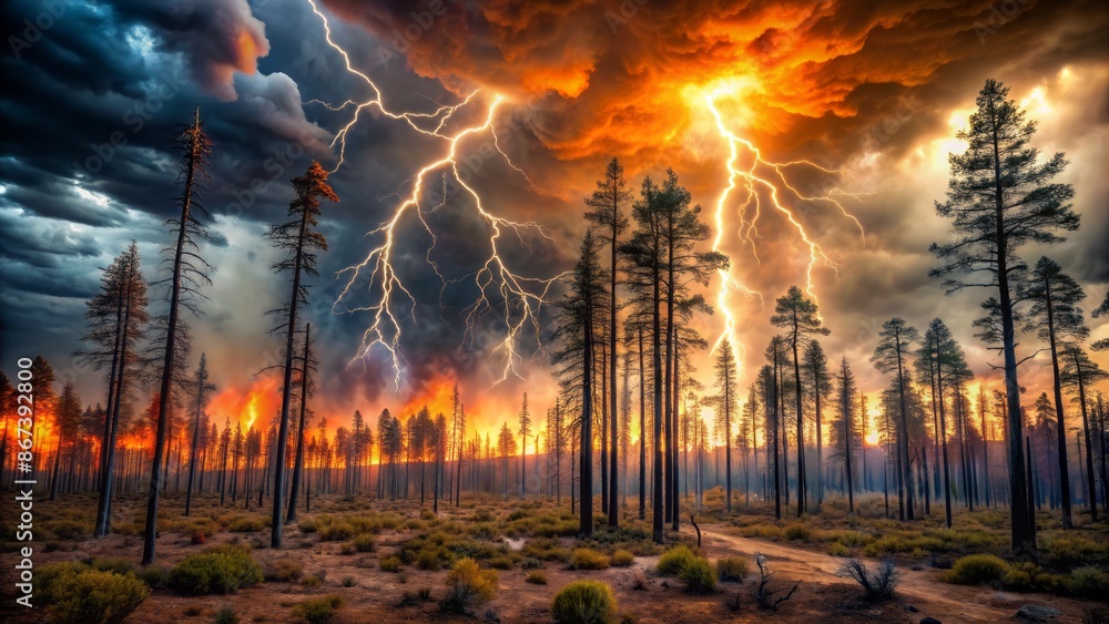 Fototapeta premium Dramatic burnt pine forest landscape with blazing trees amidst apocalyptic storm clouds lightning bolts illuminated in dark ominous vertical frame.