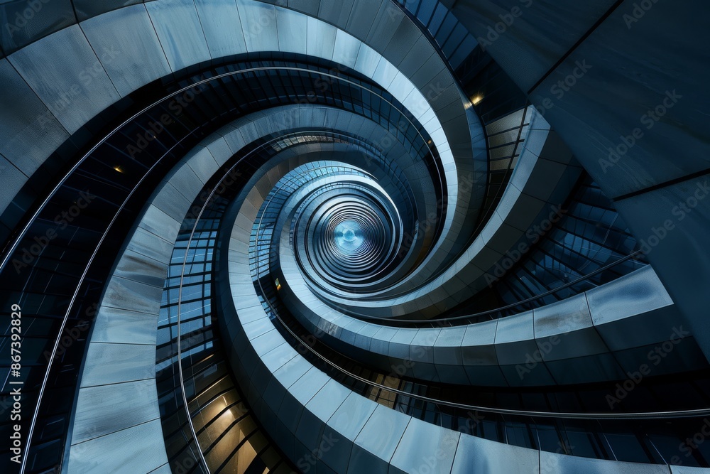 Fototapeta premium The futuristic architectural design features a spiraling tunnel with captivating bluetone lighting effects