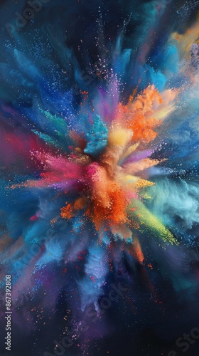 Experience a vibrant explosion of colorful powder on a black background, creating a captivating abstract shape bursting with dynamic energy and motion