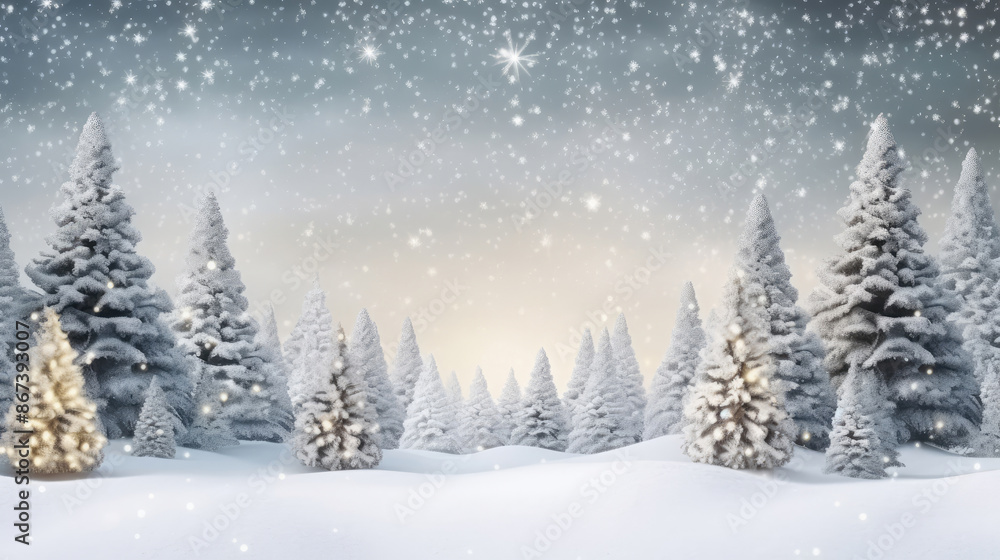 Naklejka premium Christmas tree and snowfall in vintage style. Beautiful forest in snow landscape. Christmas and New Year holidays background. Christmas Card. 3d illustration, generative ai