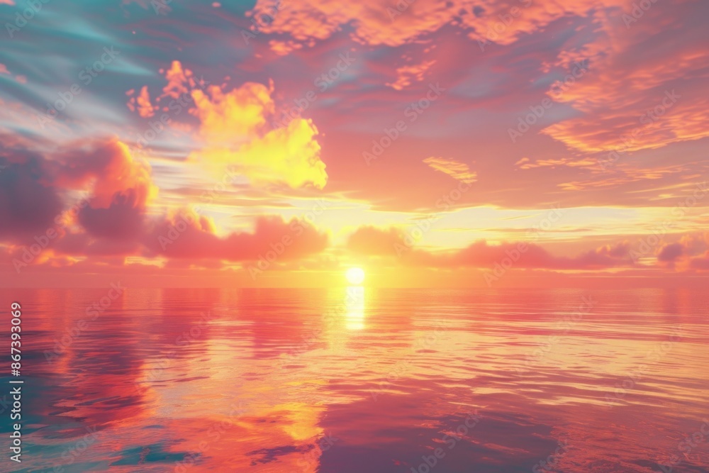 Obraz premium A serene scene of sunset over the ocean with clouds in the sky, perfect for use as a calming background or to evoke feelings of relaxation and tranquility