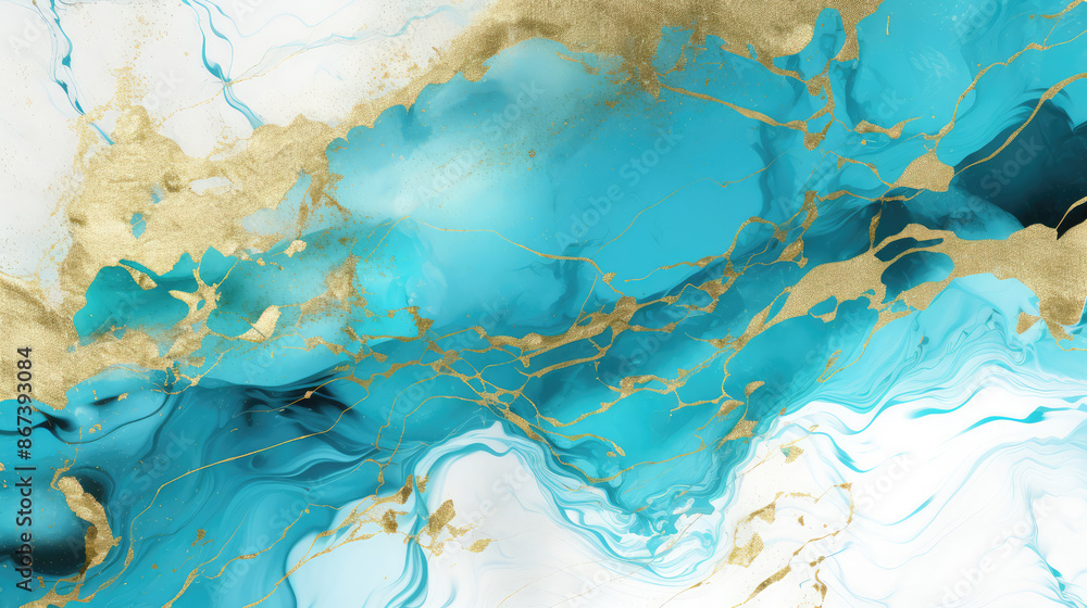 Luxury gold turquoise with gold liquid background , fluid splash, swirl on white. Close up glossy texture. Mix color liquid splashes. Digital art, generative ai Luxury gold turquoise with gold liquid background , fluid splash, swirl on white. Close up glossy texture. Mix color liquid splashes. Digital art, generative ai