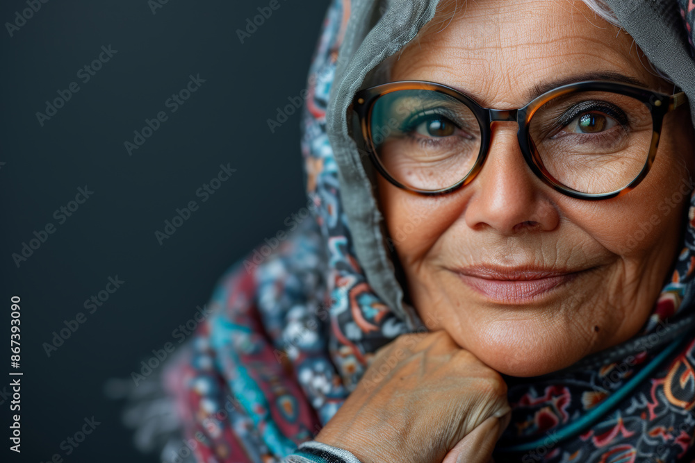 Close-up portrait of a senior woman of Middle Eastern descent, studio photo, against a sleek gray studio backdrop Close-up portrait of a senior woman of Middle Eastern descent, studio photo, against a sleek gray studio backdrop