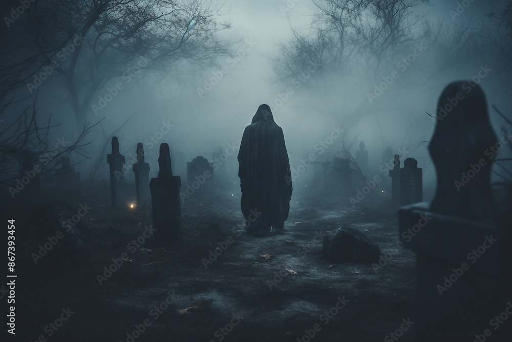 AI generated image of a mysterious dark cemetery at halloween night zombie rising from grave AI generated image of a mysterious dark cemetery at halloween night zombie rising from grave