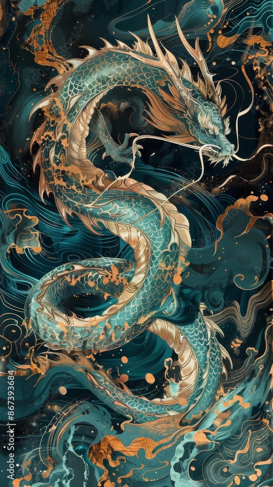 Majestic green and gold dragon flying through a stormy ocean sky. This illustration is full of movement and power, and would be perfect for any project that needs a touch of fantasy Majestic green and gold dragon flying through a stormy ocean sky. This illustration is full of movement and power, and would be perfect for any project that needs a touch of fantasy